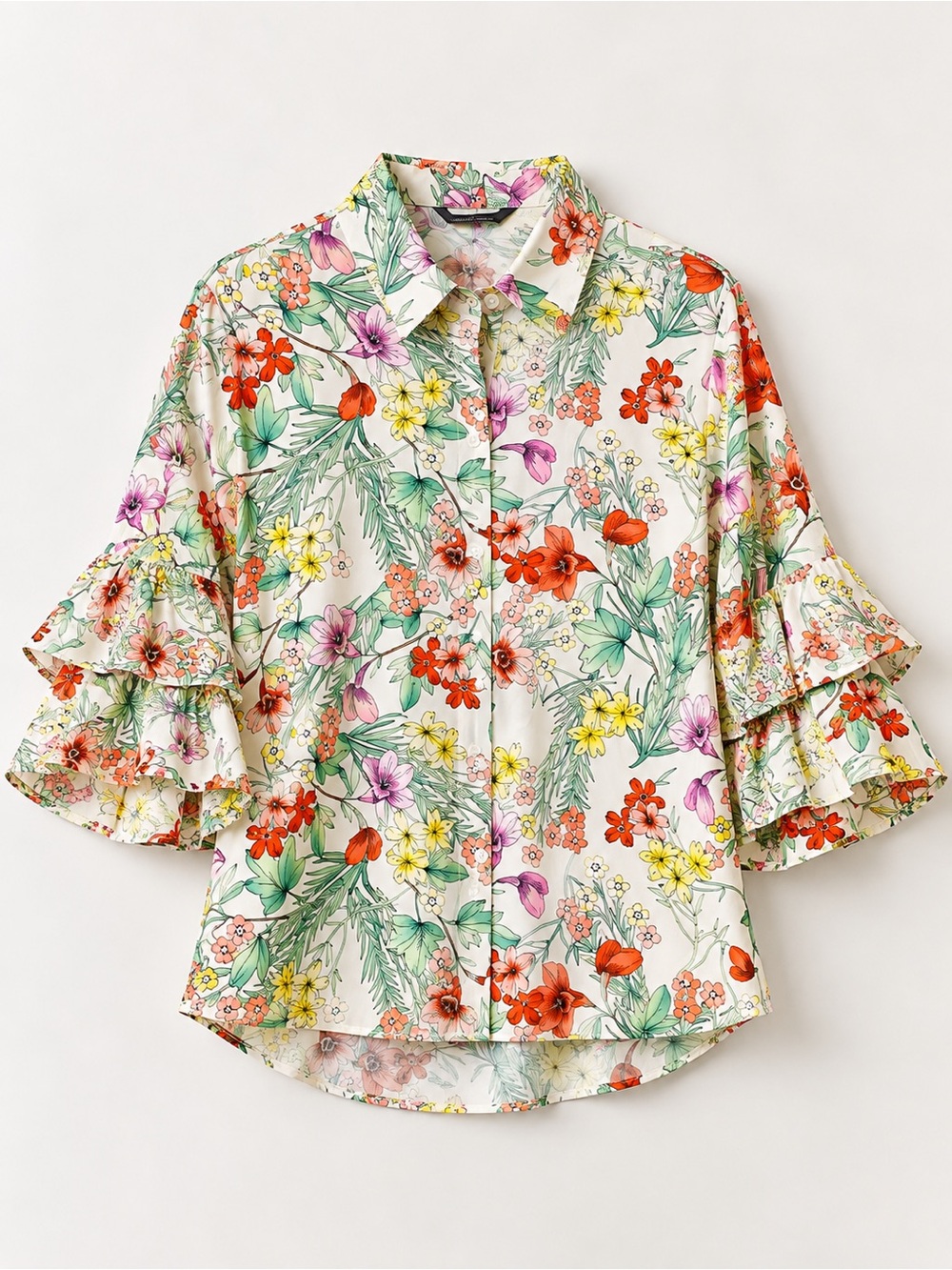Zara Floral Ruffle Sleeve Cotton Poplin Blouse Shirt Size L